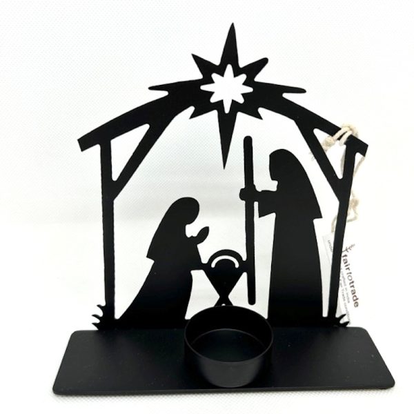 Black metal tea light holder nativity scene