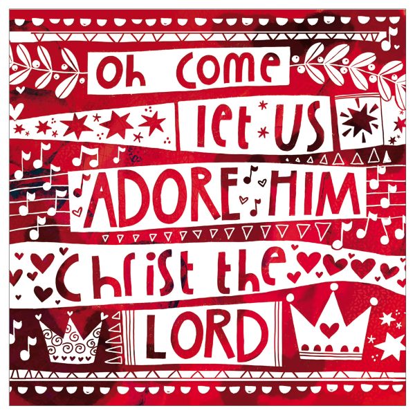 oh come let us adore him red christmas card